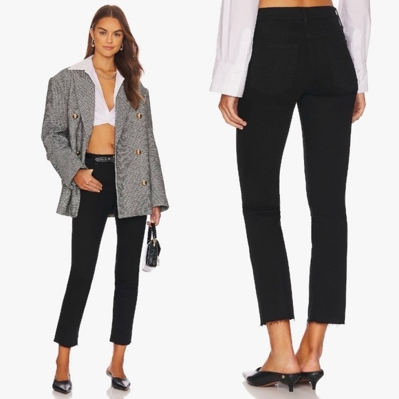 MOTHER- The Rascal Ankle Fray in Black Pitch Straight Leg Jeans Mid Rise Size 24 - Picture 2 of 11